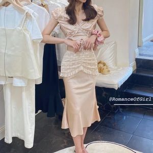 Vintage Style Cottage Ballet Pastel Pink Silky Lace Ruffle Midi Fishtail Skirt